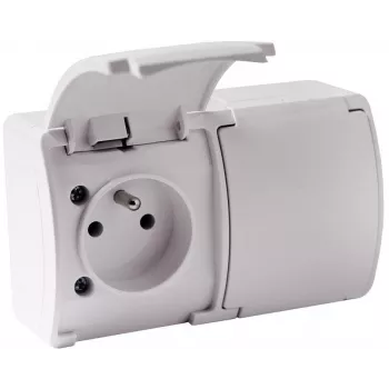 VIPLAST KOALA 162-01 Podwójne gniazdo natynkowe z uziemieniem i klapką, Typ E 16A 250V, IP44 Biały