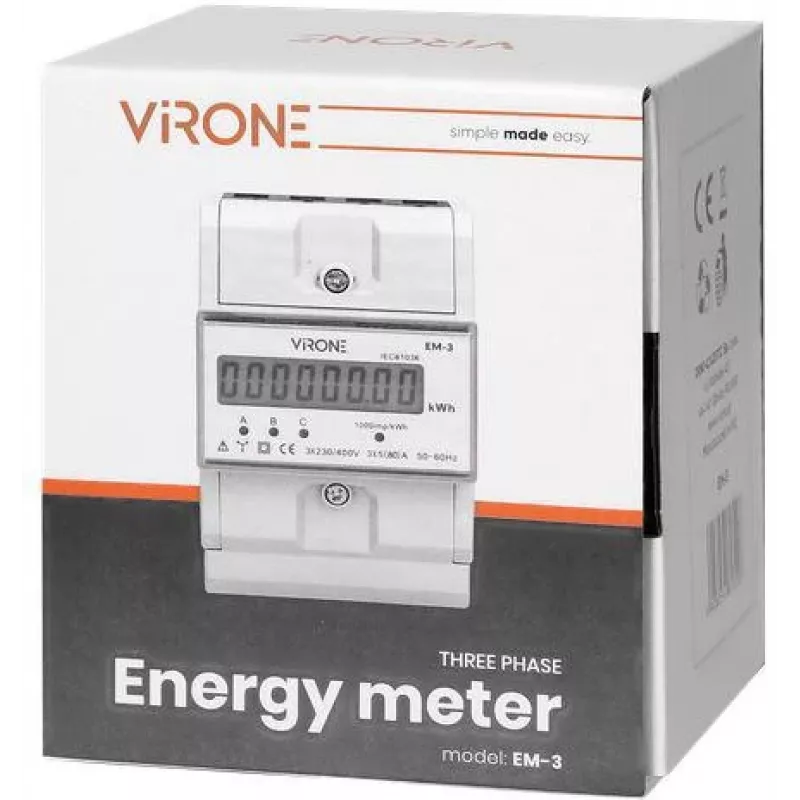 Virone EM-3 3-fazowy licznik energii, 80A, 3 moduły, szyna DIN TH-35mm