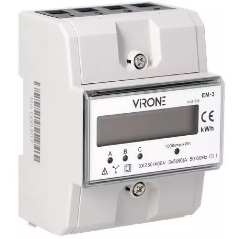 Virone EM-3 3-fazowy licznik energii, 80A, 3 moduły, szyna DIN TH-35mm