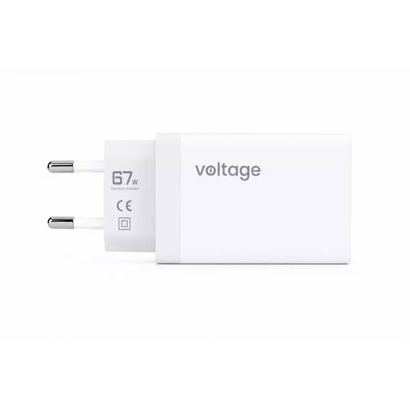 Voltage GaN Ładowarka Ścienna 67W, 2x USB-C i 1x USB-A, PD 3.0, QC 3.0, PPS, Wtyczka EU, Biała