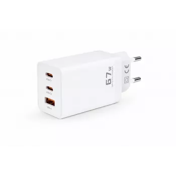 Voltage GaN Ładowarka Ścienna 67W, 2x USB-C i 1x USB-A, PD 3.0, QC 3.0, PPS, Wtyczka EU, Biała