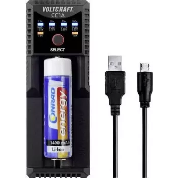 VOLTCRAFT CC1A Uniwersalna ładowarka do ogniw okrągłych dla NiMH, Li-Ion, LiFePO4, NiCd - 1 gniazdo, zasilanie USB, obsługuje AA, AAA, C, 10440, 14500, 16340