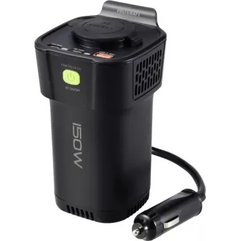 VOLTCRAFT MSW 150-12 Falownik samochodowy do uchwytu na kubek 150 W zmodyfikowana fala sinusoidalna 12 V DC na 230 V AC z USB