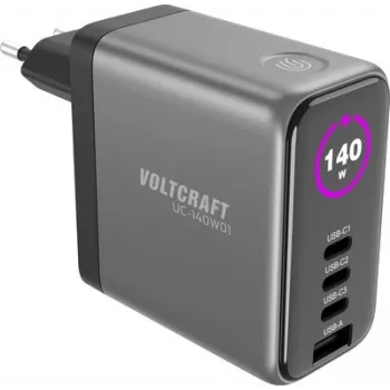 VOLTCRAFT UC-140W01 140W ładowarka ścienna GaN USB-C PD z 3x USB-C i 1x USB-A, czarna VC-17776050