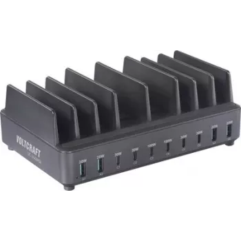 Voltcraft UC-240W01 240W 10-portowa stacja ładująca USB z 6x USB-C PD i 4x USB-A QC, czarna