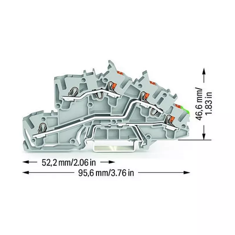 WAGO 2203-7545 3-przewodowy rozgałęźnik instalacyjny z technologią Push-in CAGE CLAMP, L/L/PE, szary/zielono-żółty