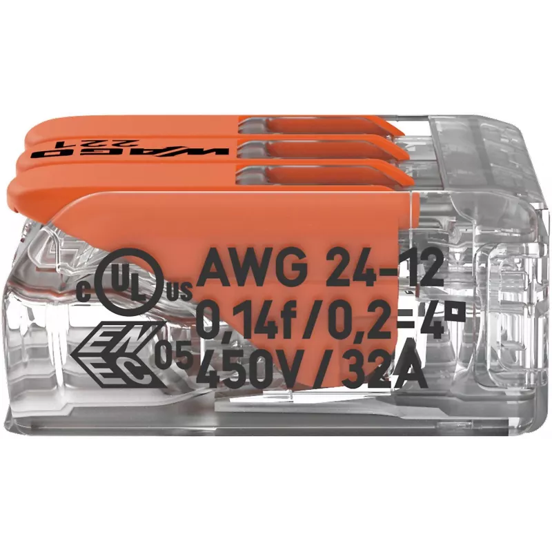 Złączka przelotowa WAGO 221-413 COMPACT, 3-przewodowa, 0,2–4 mm², przezroczysta, 50 szt.