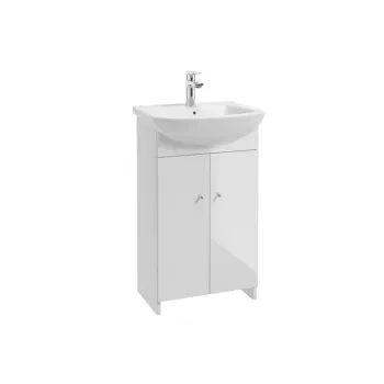 Wiszący zestaw umywalkowy łazienkowy 50cm z ceramiczną umywalką, chromowanym mieszaczem i syfonem, wysoki połysk biały