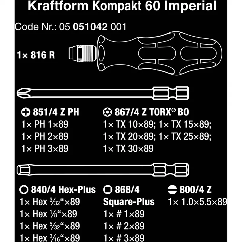Wera 17-częściowy zestaw bitów Kraftform Kompakt 60, płaskie, Phillips, Pozidriv, TORX BO 05051042001
