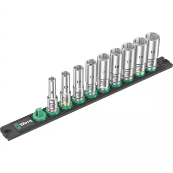 Zestaw nasad głębokich Wera 3/8 inch na magnetycznej szynie, 9-częściowy, metryczny, czarno-zielony