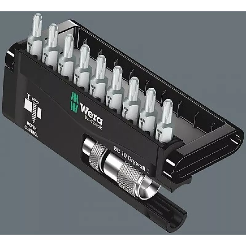 Wera Bit Set Bit-Check 10 Drywall 1, 10-częściowy, Phillips PH 2, 25 mm, uchwyt Rapidaptor Quick-Release, ogranicznik głębokości, bity torsyjne