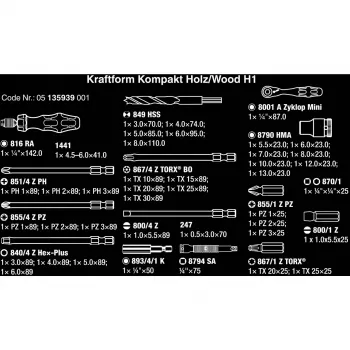 Wera Kraftform Kompakt H 1 Woodcraft Uchwyt śrubokręta z 12 mieszanymi bitami - Hex, Phillips, Pozidriv, Torx