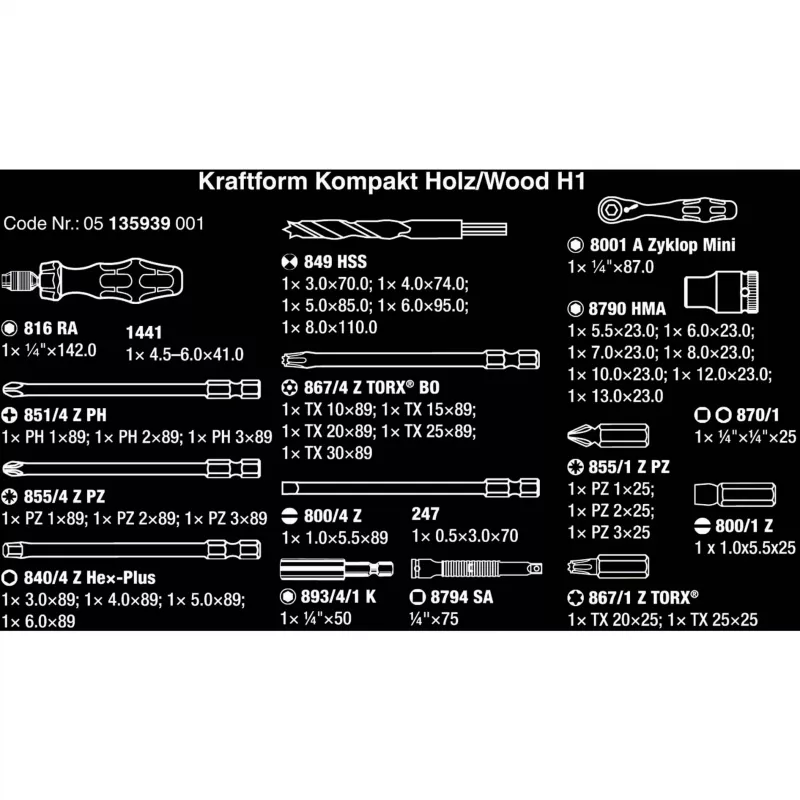 Wera Kraftform Kompakt H 1 Woodcraft Uchwyt śrubokręta z 12 mieszanymi bitami - Hex, Phillips, Pozidriv, Torx