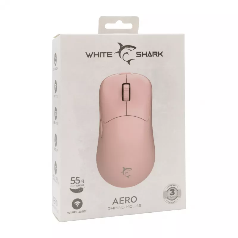 White Shark AERO PINK Bezprzewodowa mysz gamingowa (różowa, 10000 DPI, 2.4GHz/USB-C)