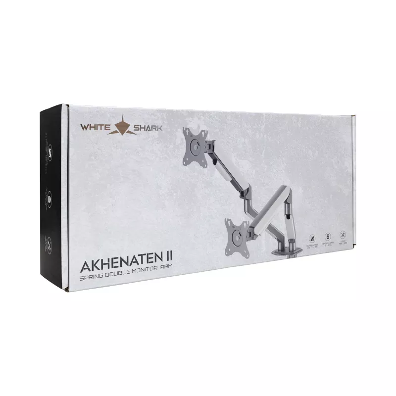 White Shark AKHENATEN-II GMS-3212 Uchwyt na dwa monitory – sprężyna gazowa, zacisk biurkowy/przelotowy, 17-32 cale, 9 kg na ramię, czarny