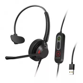 WINX CALL Pro 2 Mono AI Noise Cancelling Headset Wired USB-A z obrotowym mikrofonem, sterowaniem wbudowanym w przewód, miękką poduszką nauszną z PU skóry, czarny