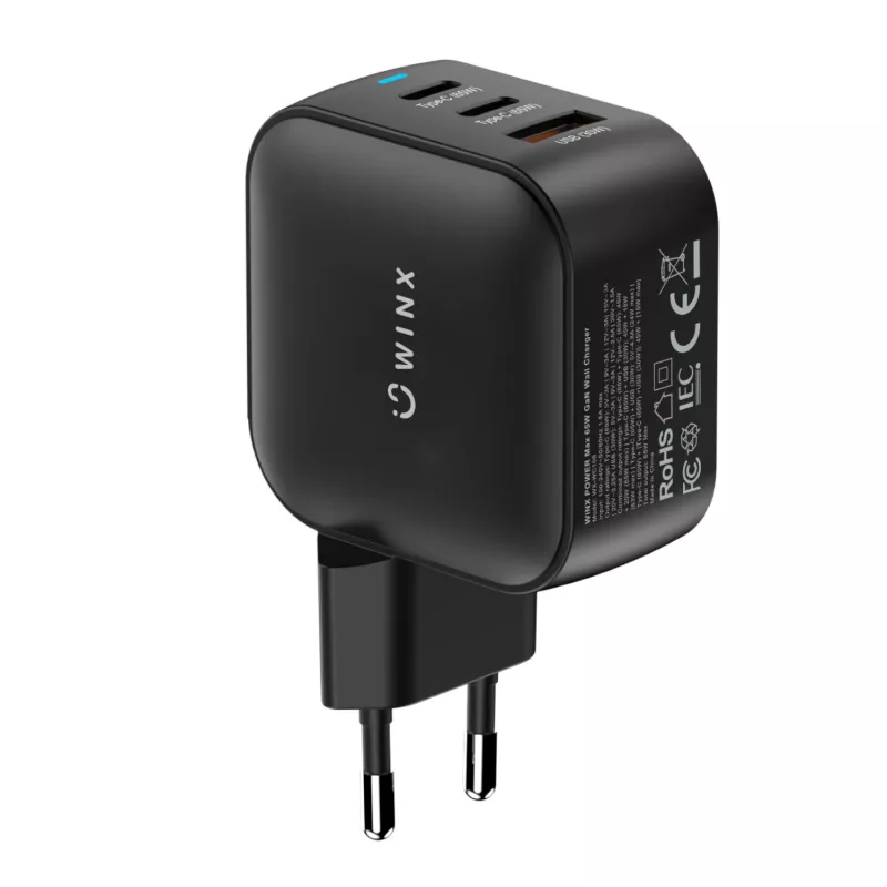 WINX POWER Max 65W GaN ładowarka ścienna - 2x USB-C PD, 1x USB-A QC, czarna