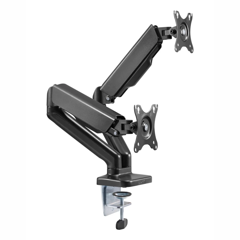 WINX RISE Pro Dual Full Motion Monitor Arm - Gazowy sprężynowy montaż biurkowy na 2 ekrany 17 inch-32 inch, VESA 75/100, 18kg całkowicie, zacisk i przelotka, czarny