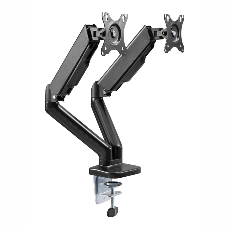 WINX RISE Pro Dual Full Motion Monitor Arm - Gazowy sprężynowy montaż biurkowy na 2 ekrany 17 inch-32 inch, VESA 75/100, 18kg całkowicie, zacisk i przelotka, czarny