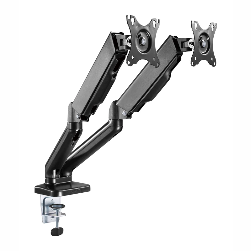 WINX RISE Pro Dual Full Motion Monitor Arm - Gazowy sprężynowy montaż biurkowy na 2 ekrany 17 inch-32 inch, VESA 75/100, 18kg całkowicie, zacisk i przelotka, czarny