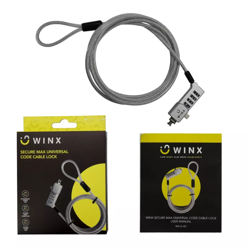 WINX Secure Max Uniwersalna linka zabezpieczająca z zamkiem szyfrowym - 4-cyfrowy, przestawialny kod, pleciona stal, 1,8 m, czarno-srebrny