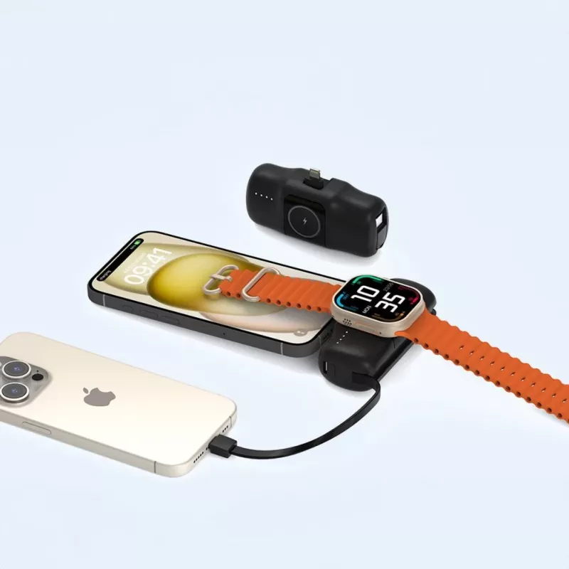 Wozinsky WF16-YLS Mini Power Bank 5000mAh 15W z wbudowanym kablem USB-C i ładowarką Apple Watch - Czarny