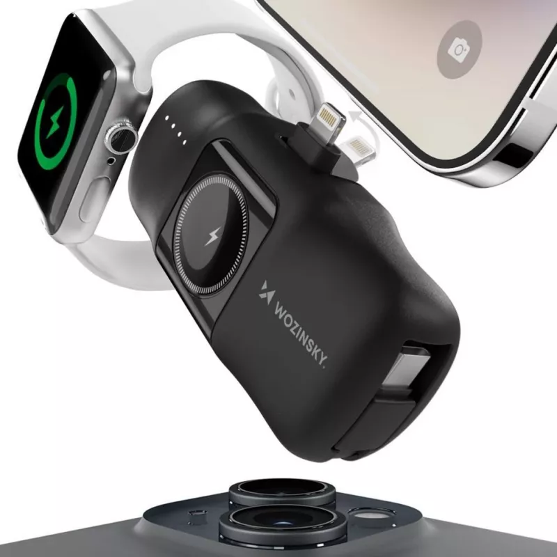 Wozinsky WF16-YLS Mini Power Bank 5000mAh 15W z wbudowanym kablem USB-C i ładowarką Apple Watch - Czarny