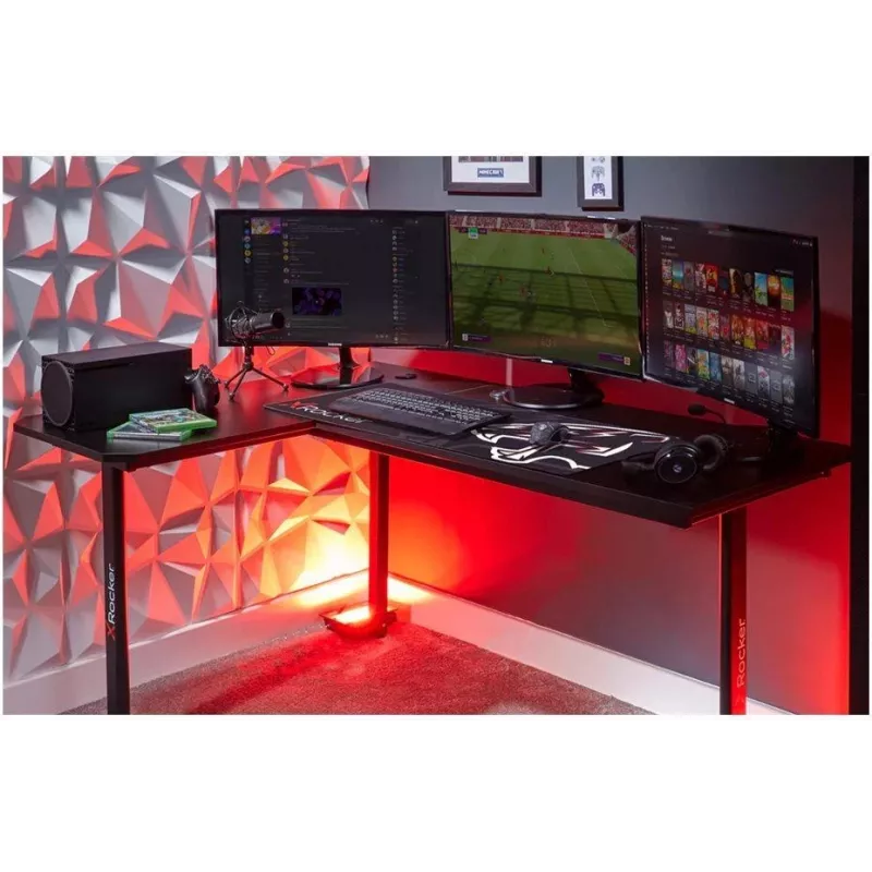 X Rocker 2022068 L-Shaped Corner Gaming Desk with RGB LED Lighting, Carbon Fibre Effect, Black