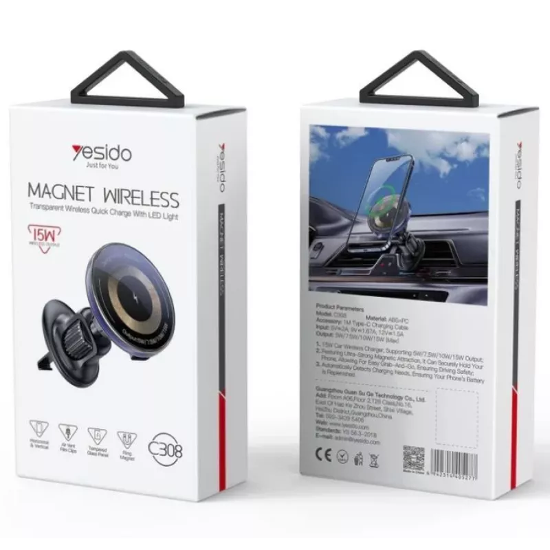 YESIDO 15W Air Outlet Car MagSafe Magnetic Wireless Charging Holder Black