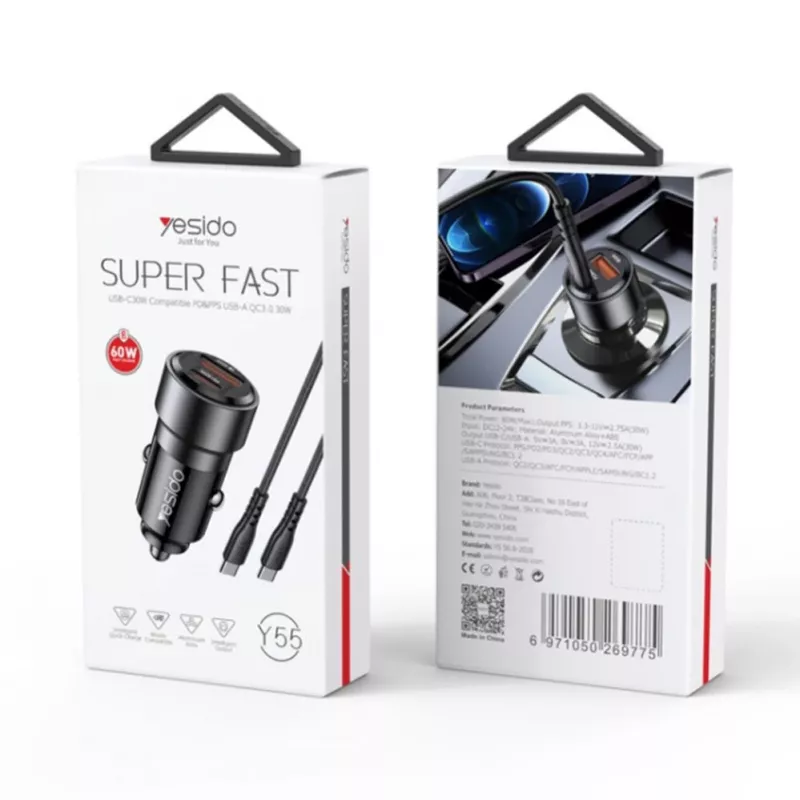 YESIDO Y55 60W Fast Charging Car Charger z kablem USB-C na USB-C, czarny
