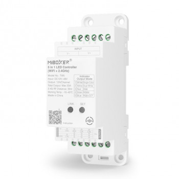 MiBoxer TW5 sterownik LED 5w1 na szynę DIN, WiFi + RF, 12 A/kanał, łącznie 20 A