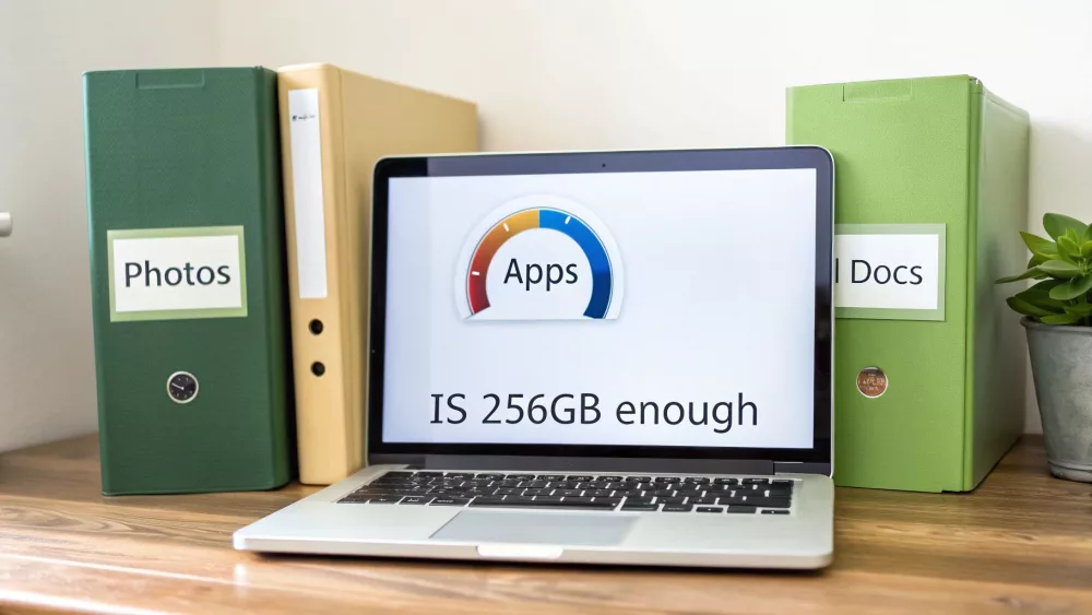 Ekran laptopa wyświetla pytanie „CZY 256 GB wystarczy” dla aplikacji, flankowany przez segregatory z napisami „Zdjęcia” i „Dokumenty”.