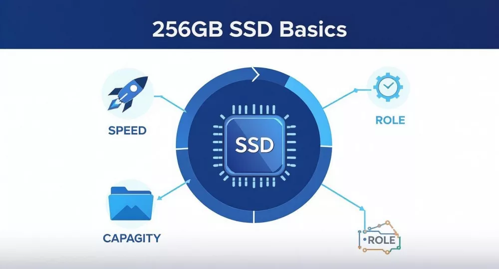 Diagram ilustrujący podstawy dysku SSD 256 GB, obejmujący prędkość, pojemność i role z ikonami.