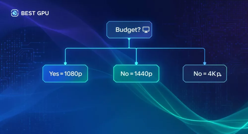 Schemat blokowy pokazujący dobór karty graficznej w zależności od budżetu na granie dla rozdzielczości 1080p, 1440p i 4K