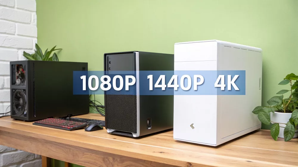 Trzy obudowy komputerów do gier prezentujące możliwości rozdzielczości 1080P, 1440P i 4K na drewnianym biurku