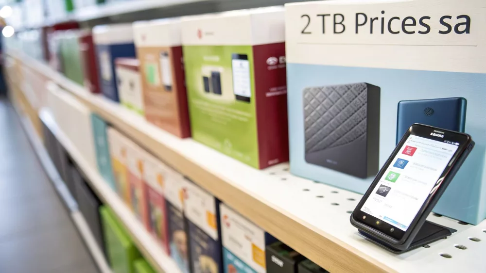 Sklepowa półka z zapakowanymi zewnętrznymi dyskami twardymi 2 TB oraz smartfon wyświetlający informacje o produkcie.