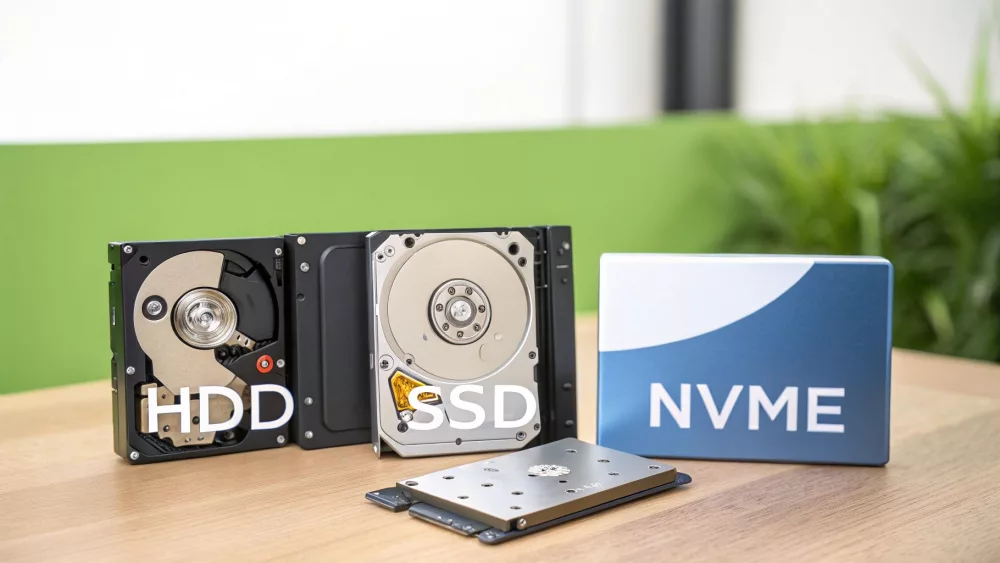 Zestaw różnych nośników danych, w tym otwarty dysk HDD, otwarty dysk SSD oraz pudełko z dyskiem NVMe.