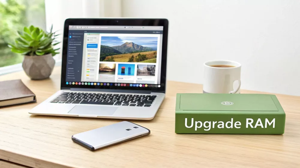 Laptop, smartfon, kawa i zielone pudełko z napisem „Upgrade RAM” na jasnym drewnianym biurku.