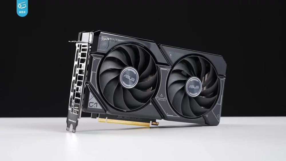 Dual fan graphics card on a white desk