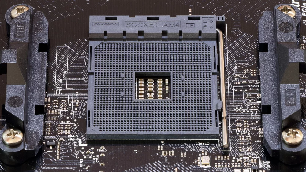 Empty CPU socket on a motherboard