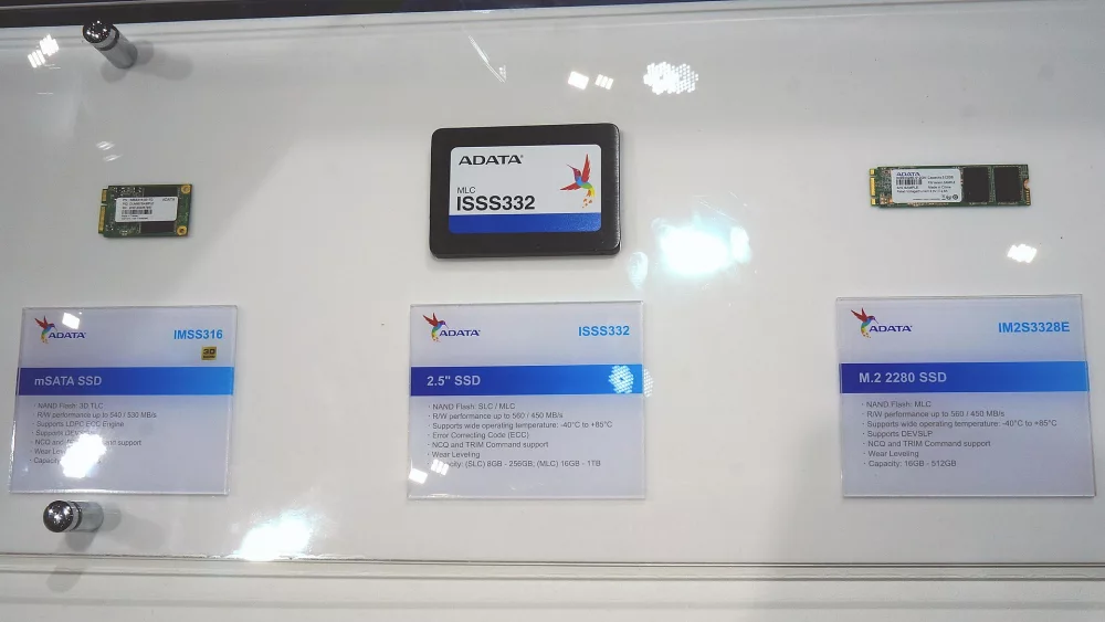 SSD drives on a retail display with spec cards